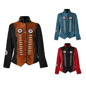 Women Suede Western Style Leather Jacket With Fringes & Beads Work - (Black / Brown) LX-WJ014