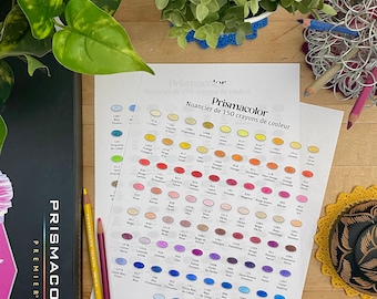 May include: A color chart for Prismacolor Premier colored pencils. The chart shows 150 different colors, with each color represented by a small circle. The colors are arranged in rows, with the colors in each row gradually changing from light to dark. The chart is printed on a white sheet of paper.
