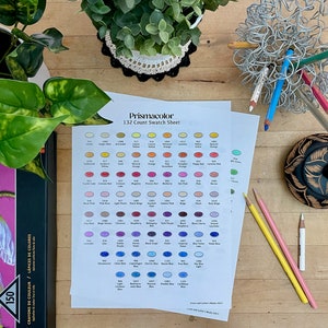 Może przedstawiać: Arkusz wzorów kolorów dla ołówków kolorowych Prismacolor. Arkusz pokazuje 132 różne kolory, każdy z małym kółkiem koloru i nazwą koloru. Arkusz leży na drewnianym stole z innymi przyborami artystycznymi.