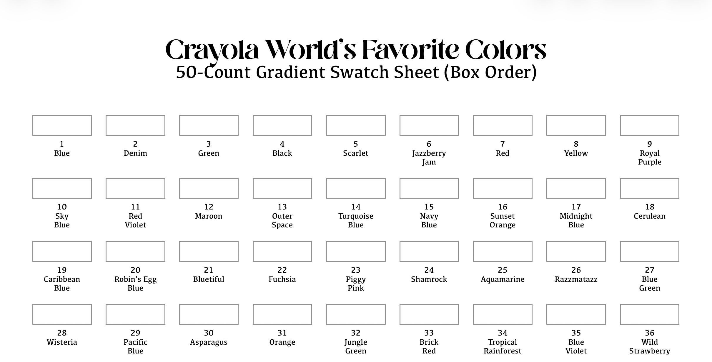 Crayola 50 Count World's Favorite Colors Gradient Swatch Chart