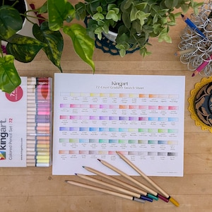 May include: A set of 72 colored pencils in a box with a color swatch sheet showing the different shades of each pencil. The sheet is labeled "KingArt 72-Count Grayscale Swatch Sheet".