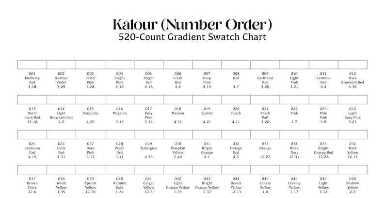Kalour 520 Colored Pencils Gradient Swatch Chart (PDF Pattern) - Etsy