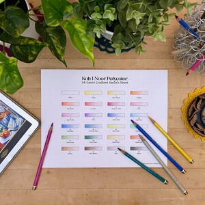 Op de afbeelding: Een wit vel papier met een kleurverloop-kleurenkaart voor Koh-I-Noor Polycolor 24-kleuren potloden. De kaart toont 24 verschillende kleuren met hun bijbehorende nummers. Er liggen verschillende kleurpotloden op de tafel naast de kaart.