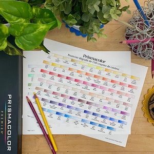 Może przedstawiać: Tabela kolorów dla ołówków kolorowych Prismacolor Premier. Tabela przedstawia 150 różnych kolorów z linii Prismacolor Premier, ułożonych w gradient od najjaśniejszego do najciemniejszego. Tabela jest wydrukowana na białym papierze i ma czarną ramkę. Tekst na tabeli brzmi "Prismacolor Nuancier dégradé de 150 crayons de couleur".