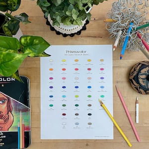 Może przedstawiać: Arkusz wzorów 36 kolorowych ołówków Prismacolor na białym tle z czarnym tekstem. Arkusz przedstawia 36 różnych wzorów kolorowych ołówków w formacie siatki. Wzory są oznaczone nazwą i numerem koloru. Arkusz jest otoczony drewnianym stołem, rośliną, drucianym stojakiem na ołówki i drewnianym pudełkiem.