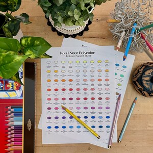 Op de afbeelding: Een kleurenkaart voor Koh-I-Noor Polycolor kleurpotloden met 144 kleuren. De kaart toont een raster met 144 kleine cirkels, elk gevuld met een andere kleur. De kleuren zijn gerangschikt in een regenboogpatroon, van geel tot rood, blauw en groen. Er liggen ook een paar potloden op de tafel.