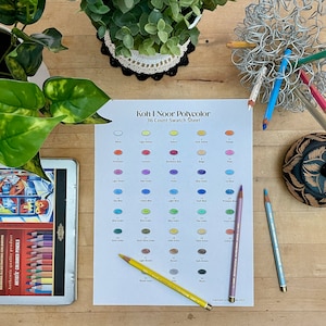 Op de afbeelding: Een wit vel papier met een kleurenkaart voor Koh-I-Noor Polycolor 36 kleurpotloden. De kaart toont de kleurnaam en het nummer voor elk potlood. Er liggen drie potloden op de tafel, een gele, een paarse en een blauwe.