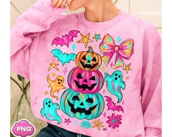 Neon Halloween Pumpkin Ghost PNG: Spooky Bat & Bow Design (Digital Download)