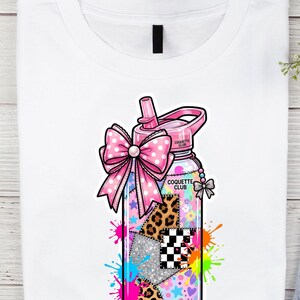 Waterfles glitter luipaard patchwork PNG: coquette strik neon spetterontwerp (digitale download)