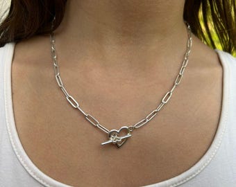 Stainless Steel Paperclip Chain Necklace, Silver Plated, Toggle Necklace, Paperclip Chain, Handmade Jewelry. Gift for Women, Minimalist