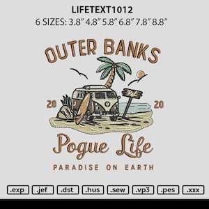 Op de afbeelding: Geborduurd ontwerp met een vintage busje, een surfboard en een palmboom, met de woorden "Outer Banks" en "Pogue Life". Het ontwerp bevat de tekst "Paradise on Earth" en is verkrijgbaar in zes maten, van 9,65 cm tot 22,35 cm.