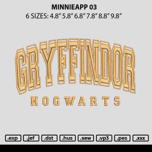 May include: Gold embroidered patch with the words "GRYFFINDOR" and "HOGWARTS" in a bold, blocky font. The patch is available in six sizes: 4.8 inches, 5.8 inches, 6.8 inches, 7.8 inches, 8.8 inches, and 9.8 inches.