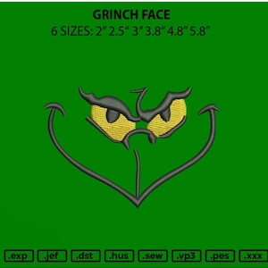 Può includere: Design di ricamo Grinch Face in sei dimensioni: 2", 2,5", 3", 3,8", 4,8" e 5,8". Il design presenta uno sfondo verde con un viso di Grinch nero con occhi gialli.