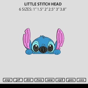 May include: Blue Stitch character with pink ears peeking over a white background. The character is available in six sizes: 1 inch, 1.5 inches, 2 inches, 2.5 inches, 3 inches, and 3.8 inches. The image also shows the file formats available for download: .exp, .jef, .dst, .hus, .sew, .vp3, .pes, and .xxx.