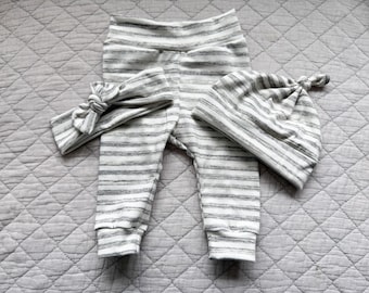 6-12 mois Leggings rayés, bonnet, bandeau pour bébé - Ensemble neutre en coton mélangé