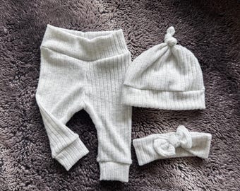 White grey wide ribbed warm  Baby Leggings, Knot Hat, Headband Set – Neutral Cotton Blend Outfit