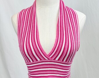 Vintage Y2K roze witte streep gebreide haltertop XS / S