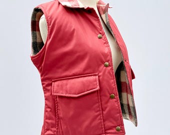 Colete reversível xadrez vermelho vintage dos anos 80 Woolrich tamanho pequeno