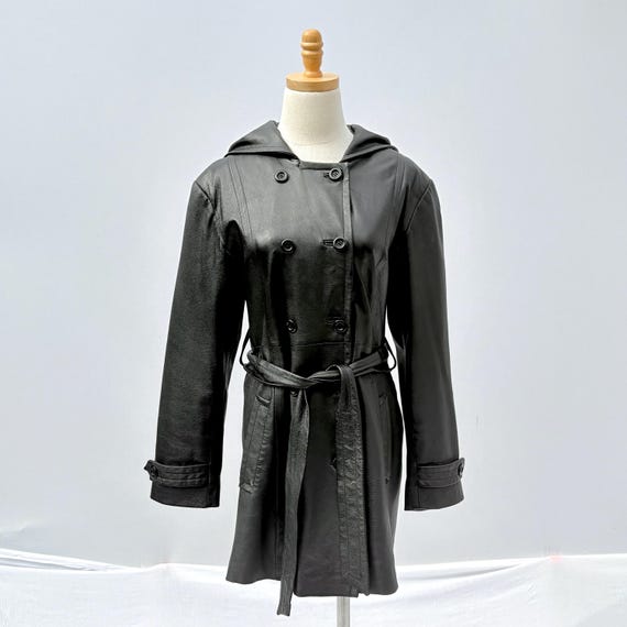 ヴィンテージ ダブルブレスト レザー トレンチコート、フード付き