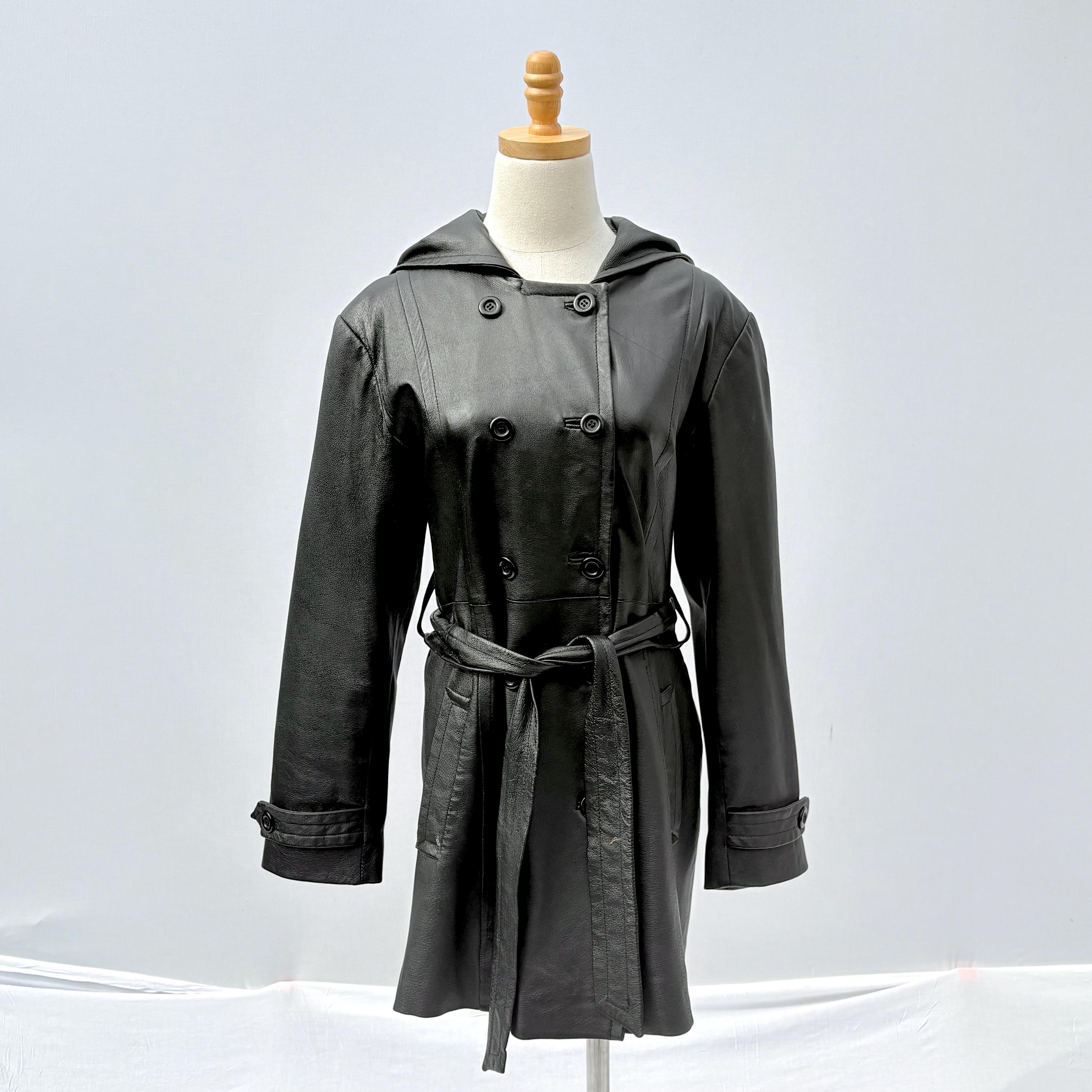 ヴィンテージ ダブルブレスト レザー トレンチコート、フード付き
