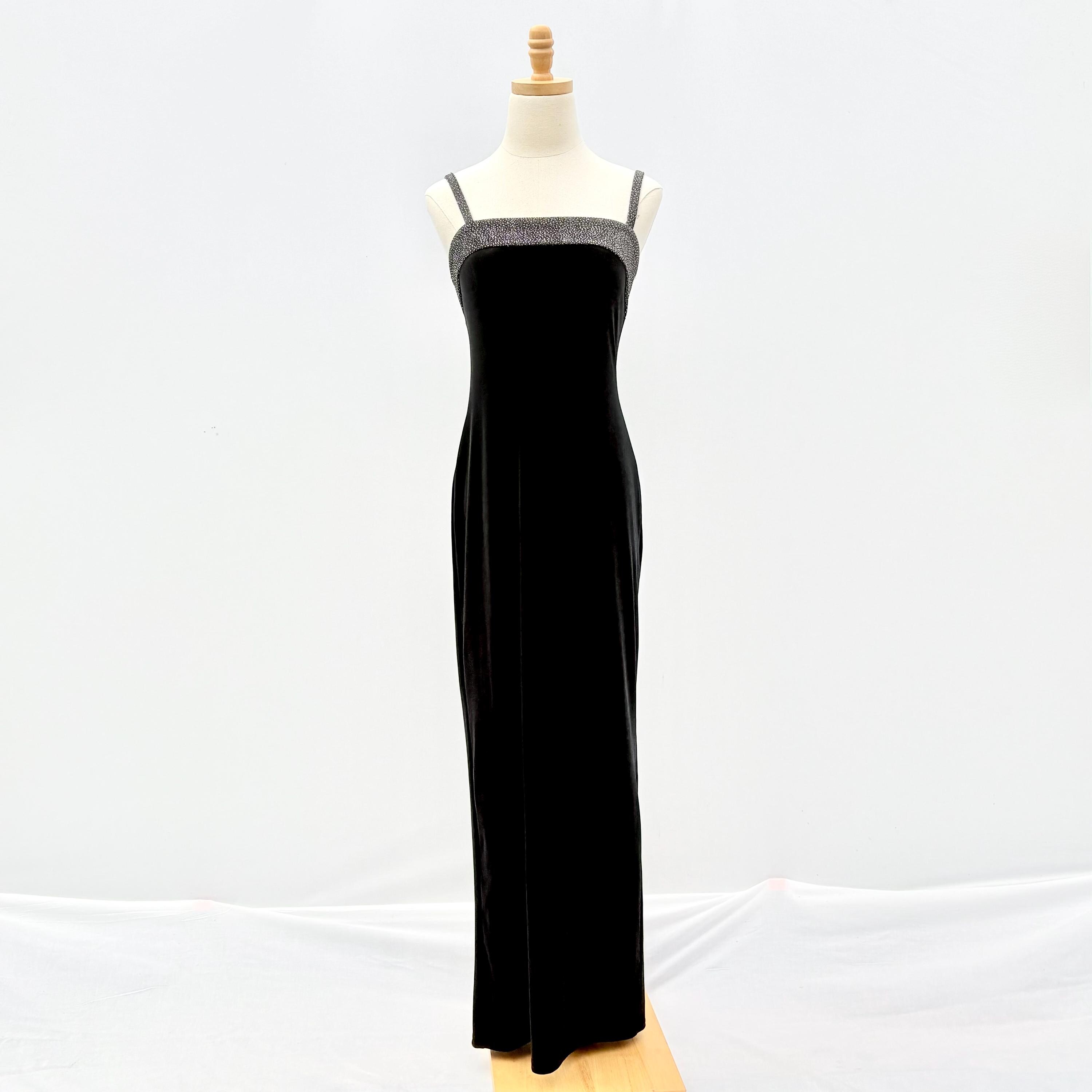 Vintage 90s Black Velvet Silver Trim Formal Gown Small