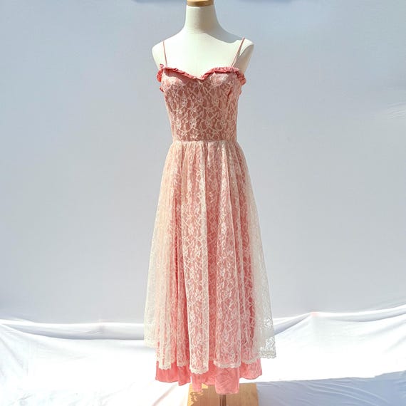 Vintage 80s Pink Satin Lace Overlay Cocktail Dress Small