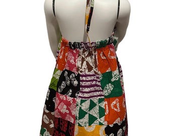 Girls Adire Ankara Halter Neck Dress, 100% Cotton Patchwork, Adjustable Fit