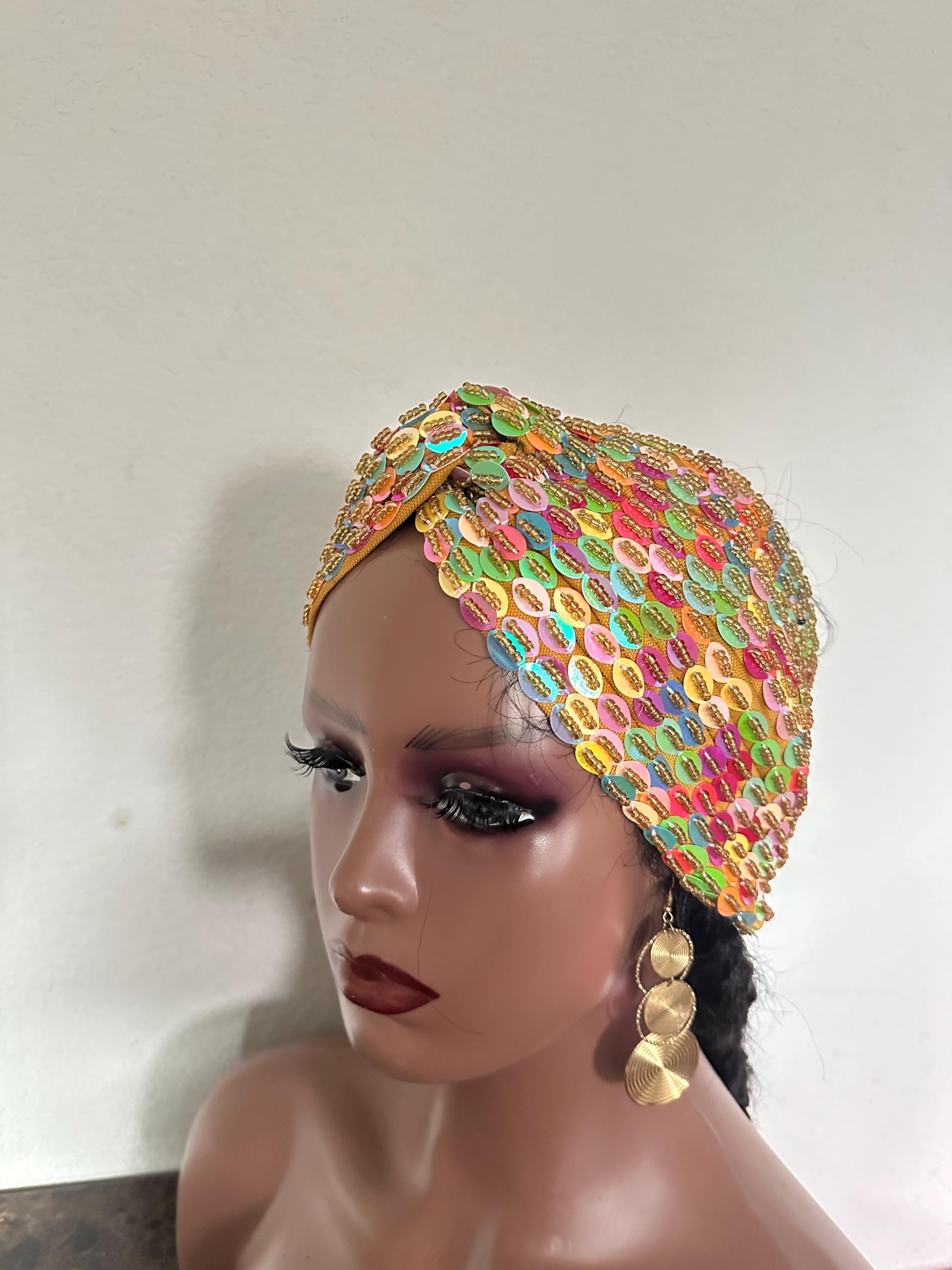 Embroidered Beaded Headband, Wide Stretchy Turban - Etsy display picture 1
