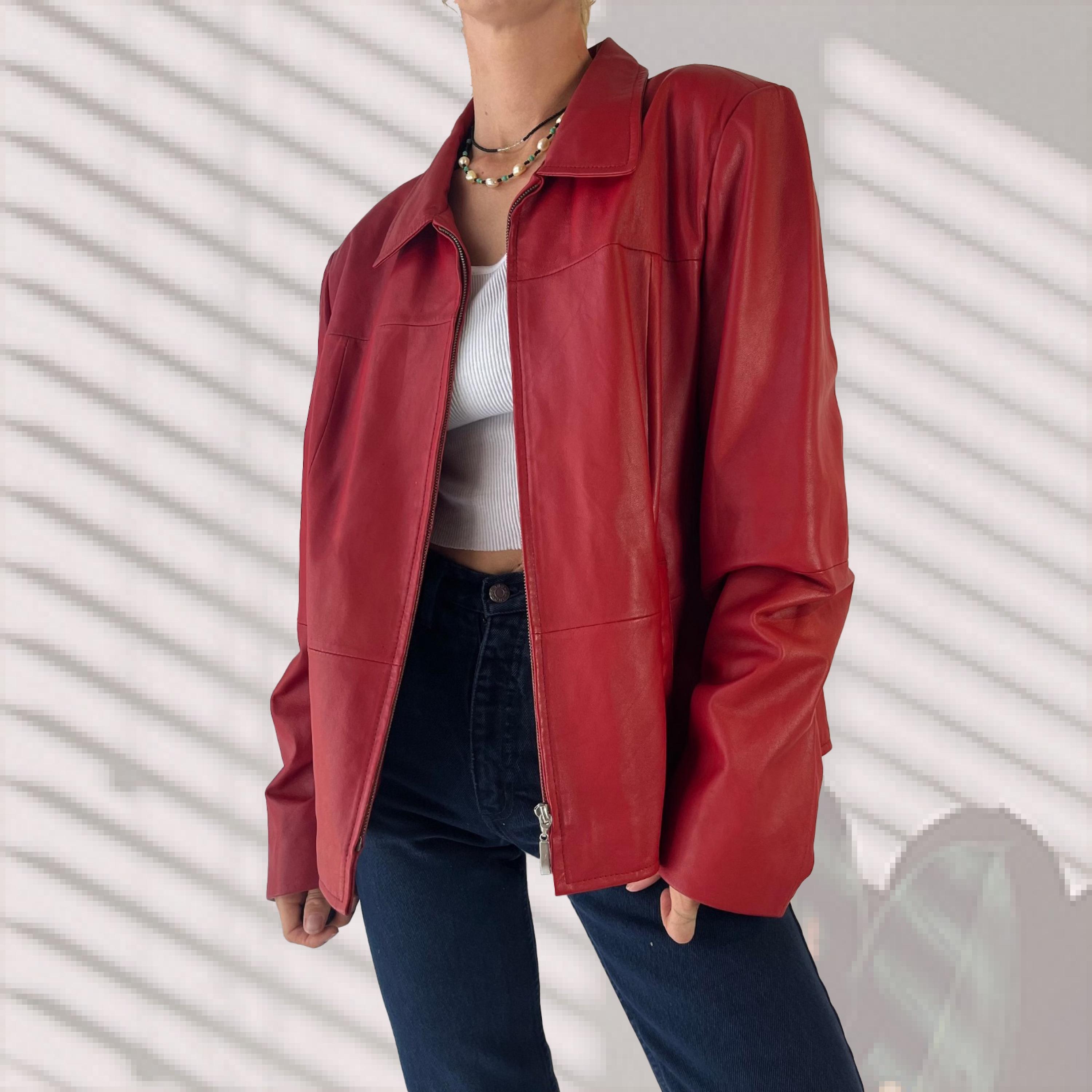 Vintage 90's Red Leather Jacket Oversized Boxy Design With YKK