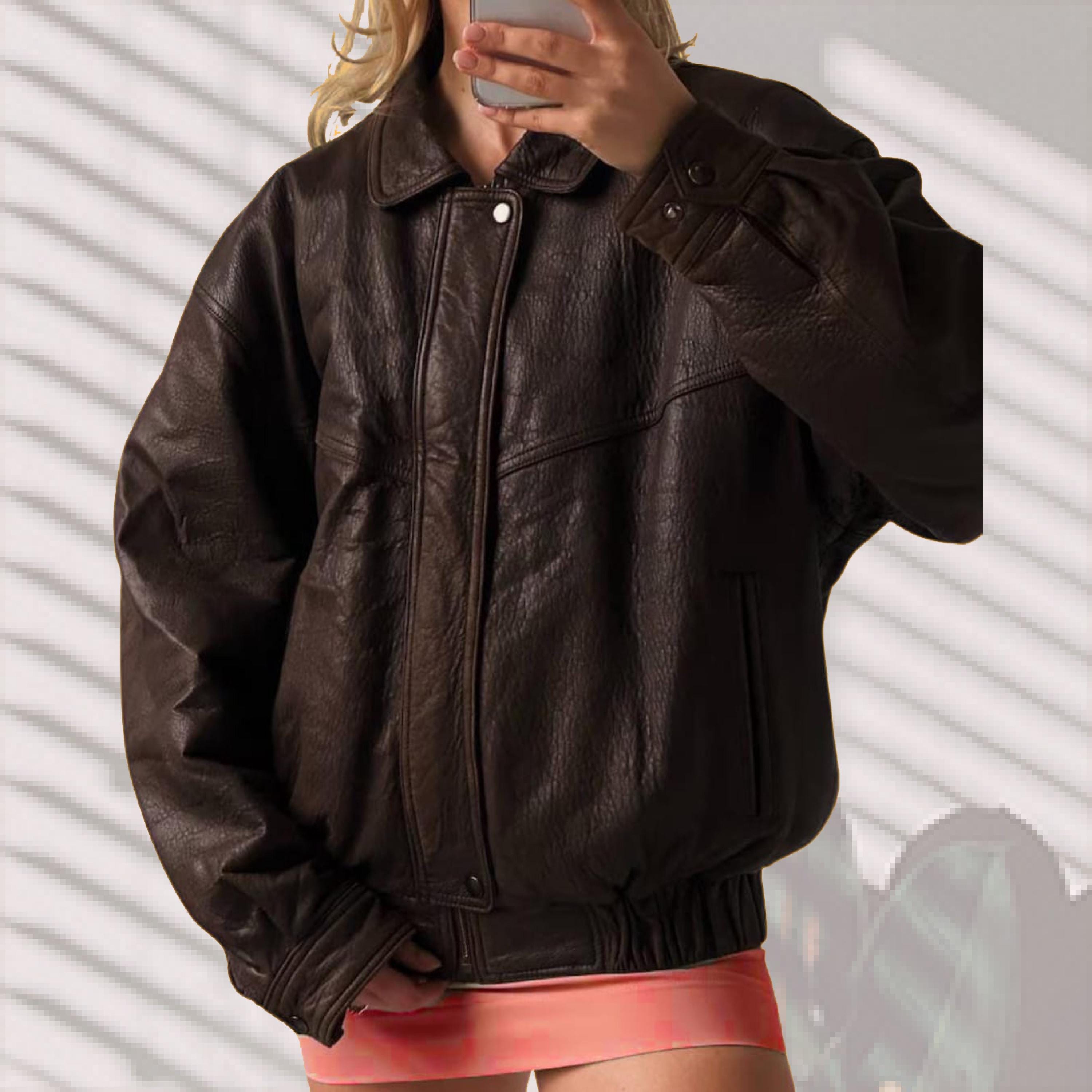 1990's Vintage Style Oversized Brown Leather Jacket for Women