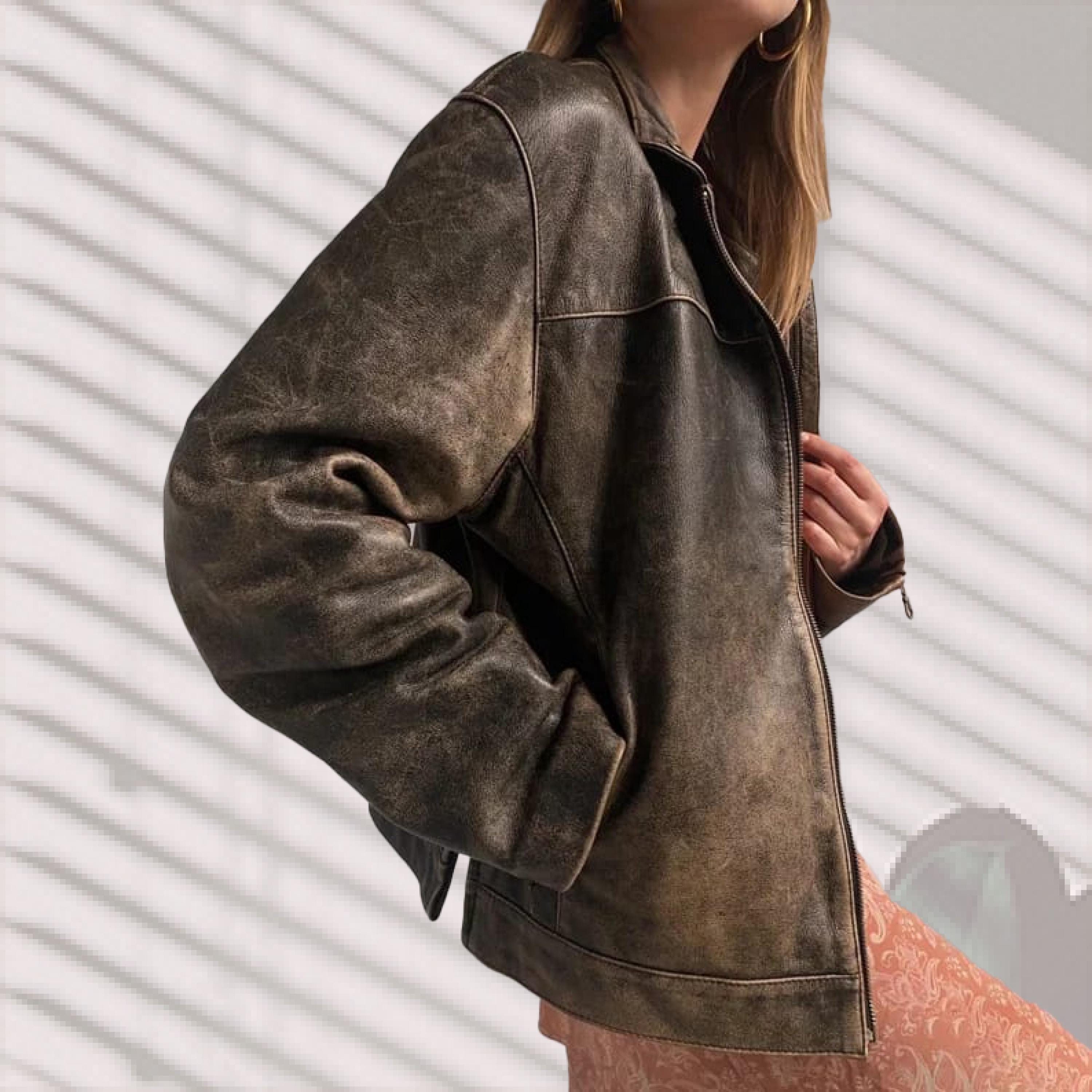 Women's Vintage Brown Oversized Leather Jacket 90s-inspired