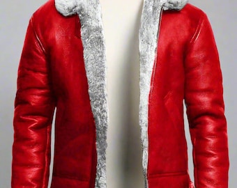 May include: A red leather jacket with a gray faux fur collar and lining. The jacket has a zipper closure and two pockets.