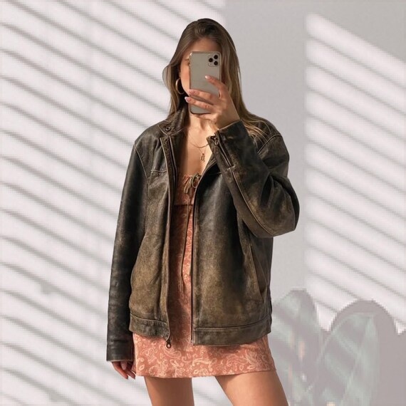 Women's Vintage Brown Oversized Leather Jacket 90s-inspired