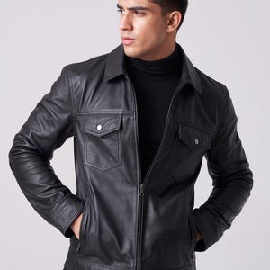Men's Premium Elegant Sleek Black Lambskin Leather Jacket with Double Chest Pockets Bold Elegance Casual Motorcycle Jacket Holiday Gifts