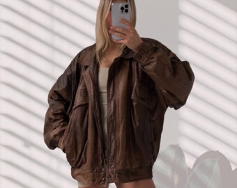90's Vintage Oversized Brown Leather Jacket for Women Retro 90s Vintage Style Casual  Chic Loose Fit Relaxed Stylish Winter Jacket Fashion