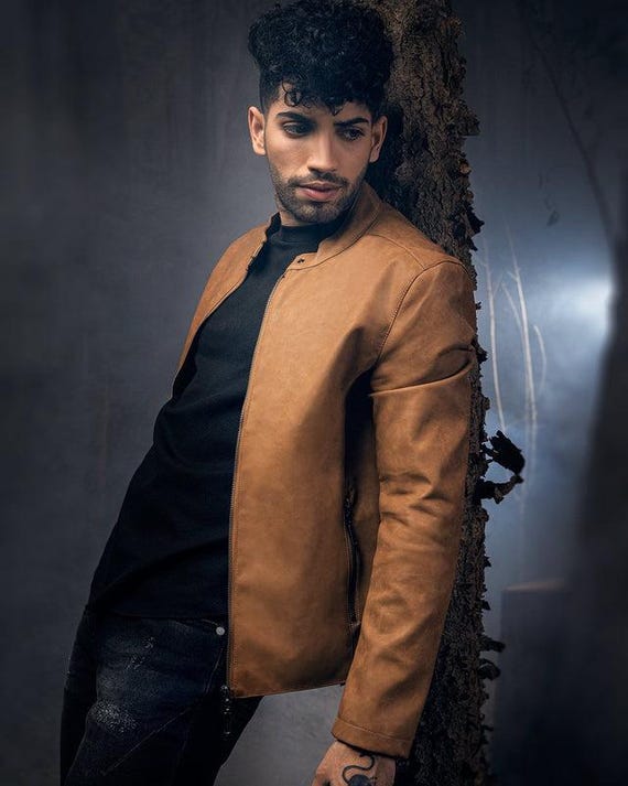 Men's Casual Faux Leather Jacket - Slim Fit Brown Motorcycle Style Jacket With Knit Collar