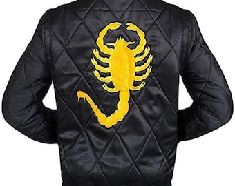 Men's Quilted Satin Bomber Jacket with Scorpion Embroidery  Stylish Black/Gold Satin Zip-up Biker Jacket Scorpion Patches Black White outfit