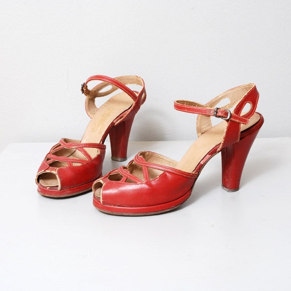 40s Platform Heels Cherry Leather Size 7