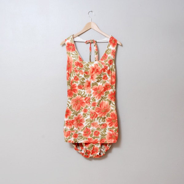 1950s Swimsuit - Peach Floral Maillot Halter Bathing Suit