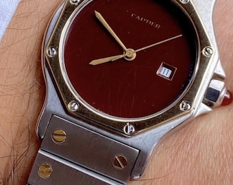 Cartier Santos Octagon Ref. 2966 de los años 80 - 29 mm Automático - Esfera roja con diseño de telaraña (rara) - Envío gratuito