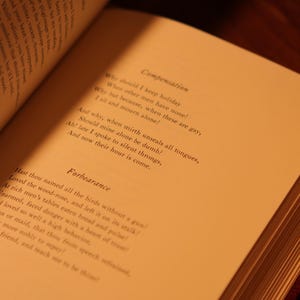 May include: Open book with pages displaying printed text. The text includes the title "Compensation" and the poem "Forbearance". The pages are a warm, off-white color, and the book is open on a wooden surface.