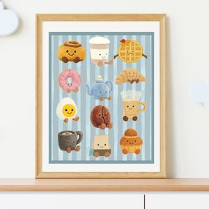 Könnte beinhalten: Ein gerahmter Druck mit einer Sammlung von illustrierten Frühstücksspeisen mit lächelnden Gesichtern. Das Bild zeigt eine Zimtschnecke, einen Donut, ein Ei, eine Kaffeetasse, eine Waffel, ein Croissant, Kaffee und einen Muffin, alle mit niedlichen, cartoonartigen Merkmalen. Der Hintergrund hat blaue vertikale Streifen.