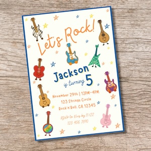 May include: A birthday invitation with a blue border featuring cartoon guitars and stars. The text "Let's Rock!" is above the name "Jackson" and the age "5". Includes party details: date, time, and location.