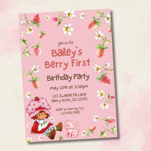 MADE-to-Order Digitale Einladung | Erdbeer Vintage Shortcake Beere Erster (jedes Alters) Geburtstag