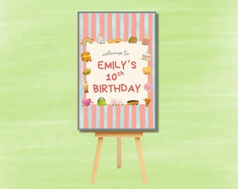 Cartaz de boas-vindas digital feito sob encomenda | Cartaz de boas-vindas de aniversário com bicho de pelúcia e bolo de aniversário