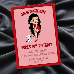 May include: A pink birthday invitation with a red border features a cartoon woman in a red dress and a small white dog. The text reads "Join us to Celebrate" and "Nora's 16th Birthday" with event details.