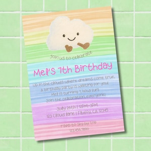 May include: A colorful birthday invitation with a smiling cloud illustration. The invitation announces Mel's 7th birthday party, including date, time, and location. The background features pastel rainbow stripes.