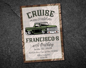 MADE-to-Order Digital Invitation | Green Low Rider Truck, Cruise on Over Birthday Invitation