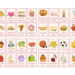 May include: A set of 30 Valentine's Day cards featuring adorable food-themed illustrations and humorous messages. Each card showcases a different food item, like a waffle, heart, or pizza, accompanied by a unique message.