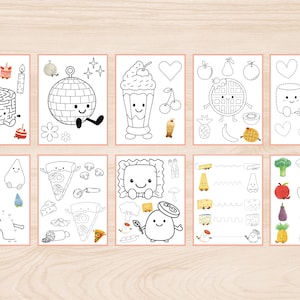 Peut inclure: Dix feuilles d'activités imprimables pour enfants, avec des illustrations de dessins animés d'aliments et d'objets. Les feuilles comprennent des labyrinthes, des points à relier et des activités de coloriage, le tout avec un design ludique.
